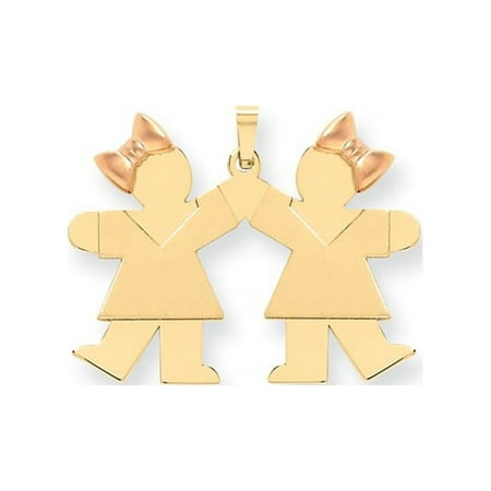 14k Two-Tone Gold Double Girl Kids Pink Bow Charm (31mm x 33mm)