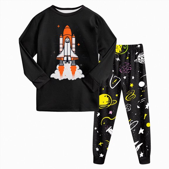Kakishop 2-Piece Cozy Pajamas For Little/Big Trendy Boys Black Skateboarding Long Sleeves Soft PJs Set Kid (Orange,4-5 Years)