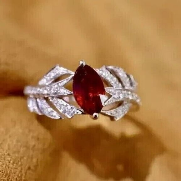 Sparkle Jewels Cocktail Marquise Cut Red Ruby & Diamond Women's Engagement Ring 14k White Gold Plated