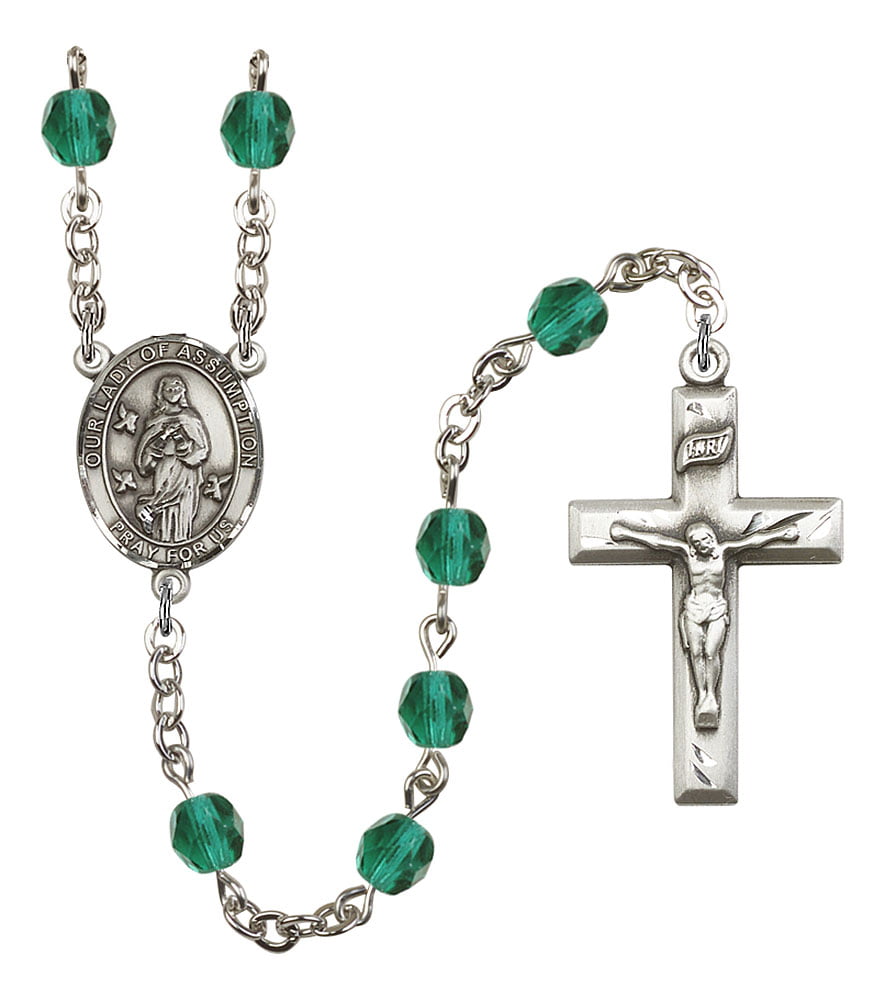 18-Inch Rhodium Plated Necklace with 6mm Emerald Birthstone Beads and Sterling Silver Our Lady of Assumption Charm. 