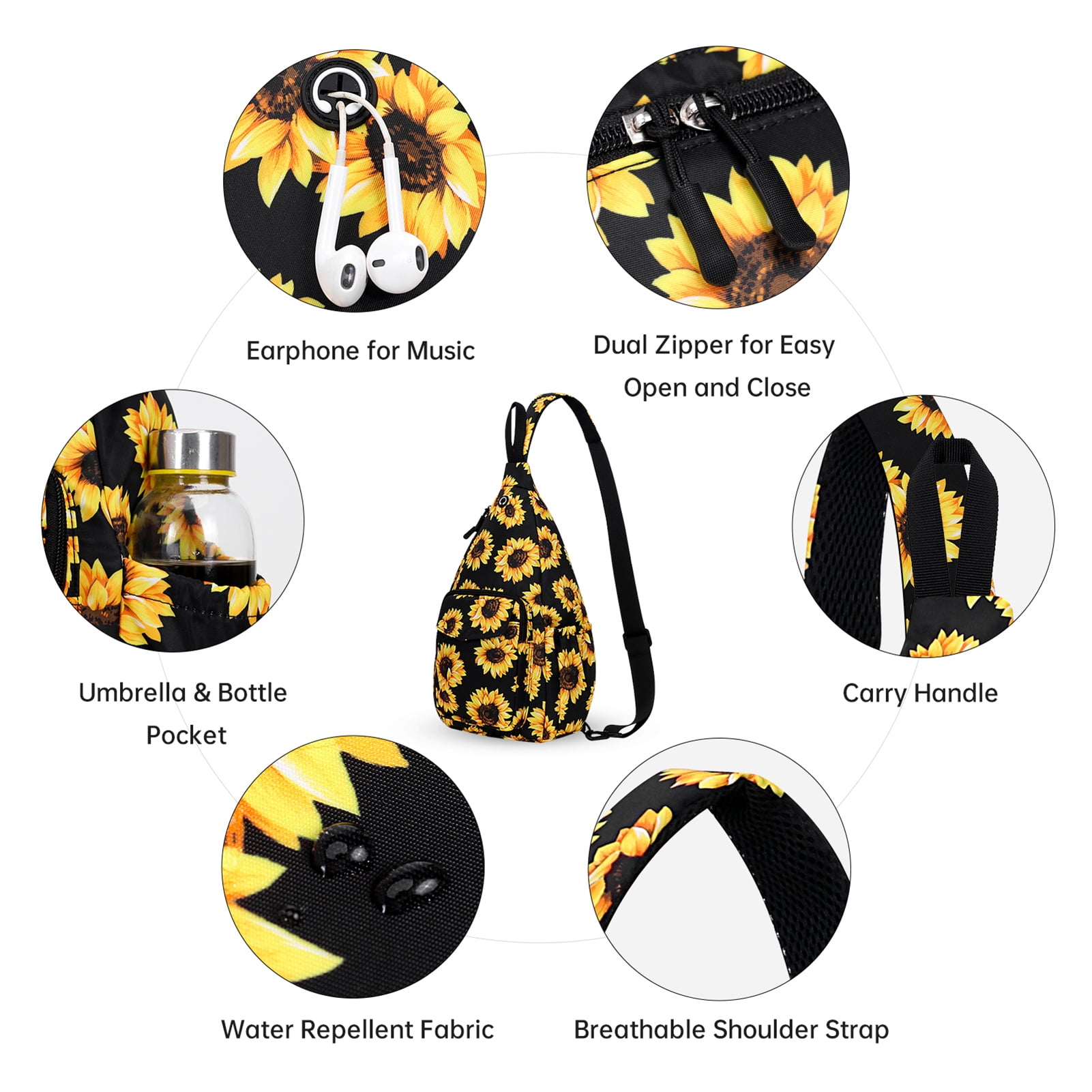 HAWEE Convertible Sling Backpack Purse Sunflower Crossbody Chest Bag Left and Right Shoulder Water Repellent