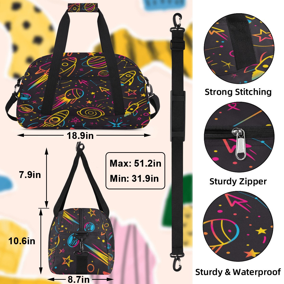 Herdesigns Rocket Planets Sports Duffle Bag for Women & Men, Outer Space Gym Bag Dance Bag Overnight Bag Carry On Weekender Travel Bag