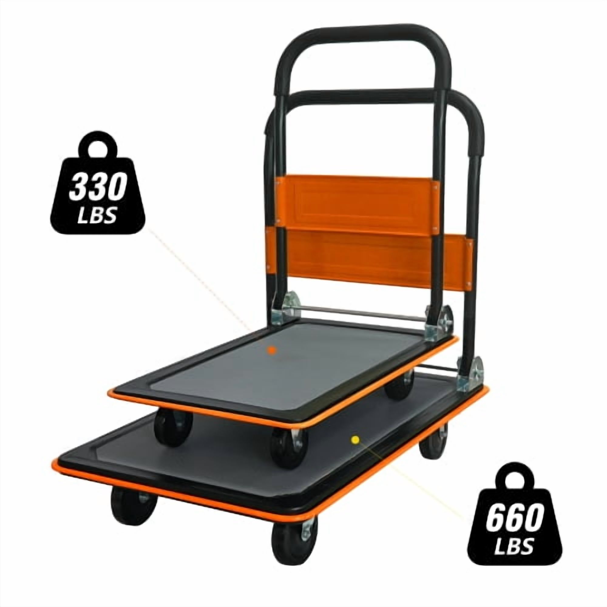 Foldable Flatbed Cart, 330LBS Heavy Duty Hand Truck with 360° Swivel Wheels, Large Platform Push Cart for Warehouse, Moving and Storage (Orange)