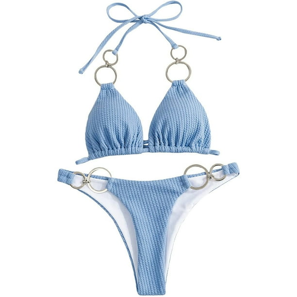 Womens Ribbed Triangle Thong Solid Sexy Bikini Set Micro Halter Thong