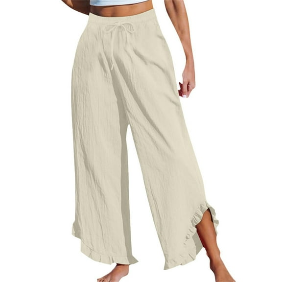 Simua Women's Wide Leg Pants Fashion Solid Color Ruffle Elastic Waist High Waist Drawstring Flowy Trousers