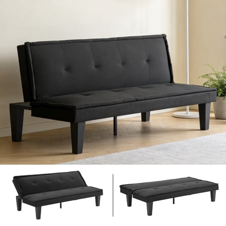 BSHTI 62.99" Faux Suede Futon Sofa Bed, 5-Position Adjustable Backrest, Converts to Sleeper, for Small Space, BLACK