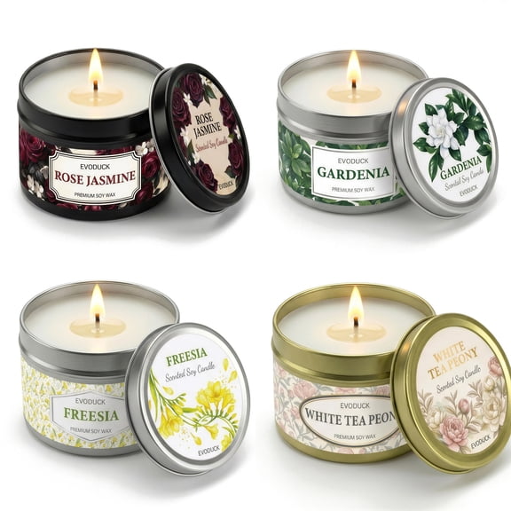 EVODUCK Floral Scented Candles & Flower Candles Gift Set with Scent Cards, 4 Soy Wax Candles for Home & Self-Care, 3 oz Each