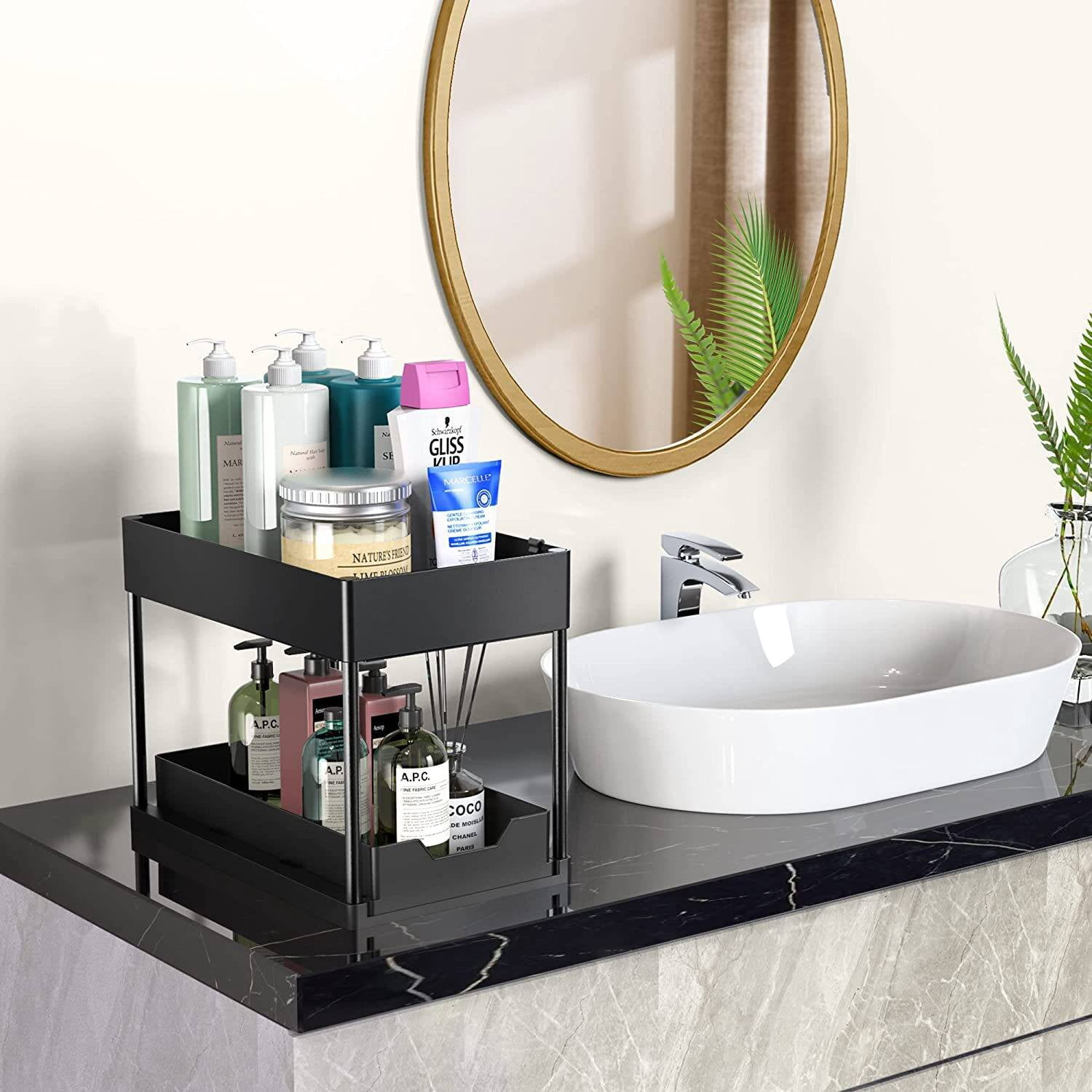 Goaxuzt Under Sink Organizer Storage with Sliding Drawer 2 Tier Cabinet Shelf for Bathroom Kitchen, Black