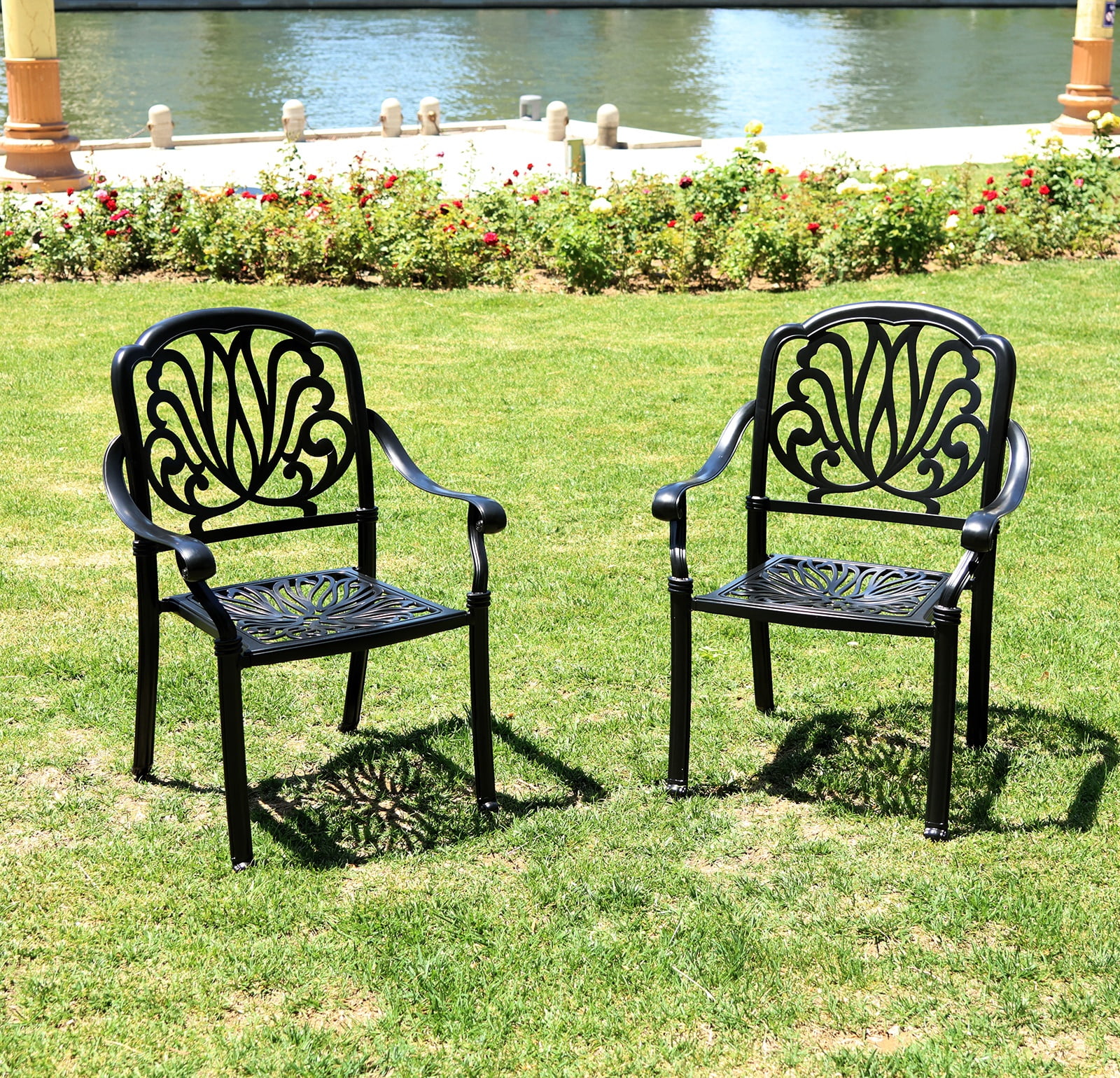 PATIO-IN Cast Aluminum Patio Chairs Set of 4,Metal Outdoor Chairs,Stackable Dining Chairs with Armrest for Garden, Backyard, Poolside,Balcony, Black (4 Pack)