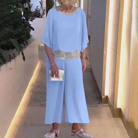 Sequin 2 Piece Set For Women Crew Neck 3/4 Sleeve Tops Wide Leg Pants Mesh Patchwork Loose Comfy Suit (XL, Sky Blue)