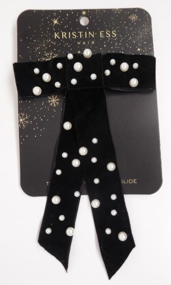 Kristin Ess Hair The Pearl Bow Slide, Black Velvet with Pearl Beads