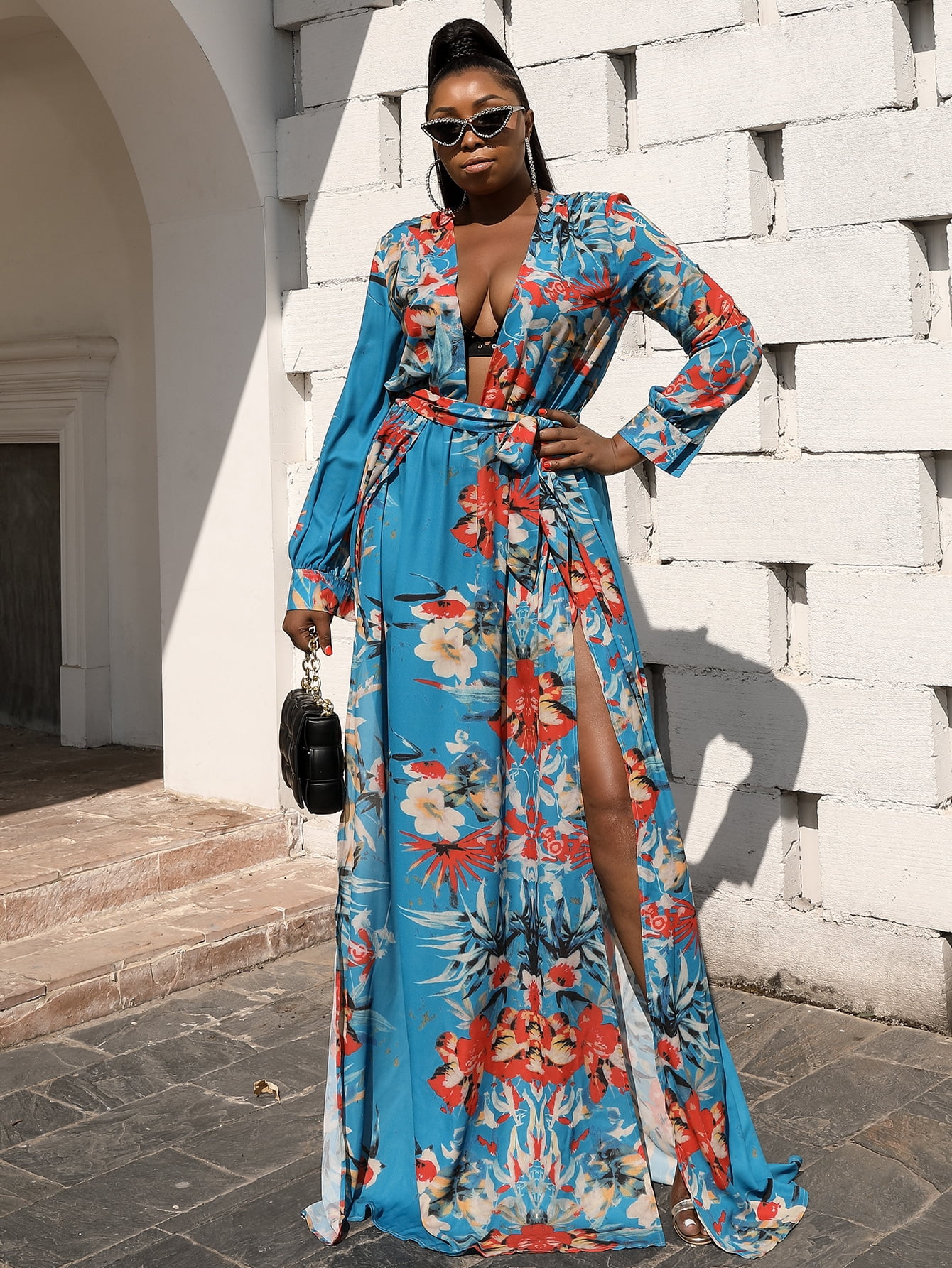 Plus Size Wrap Belted Floral Dress 