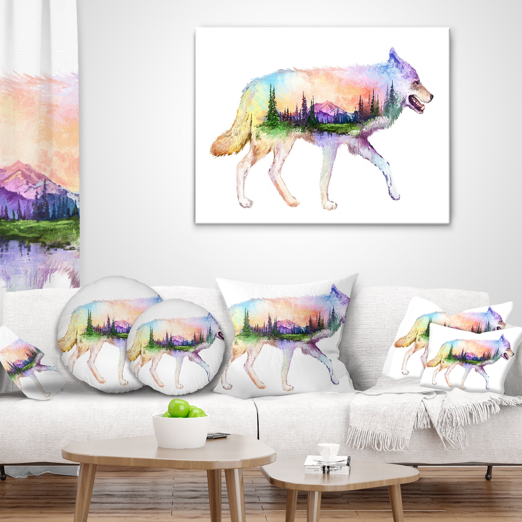 Designart Wolf Double Exposure Illustration - Animal Throw Pillow - 18x18