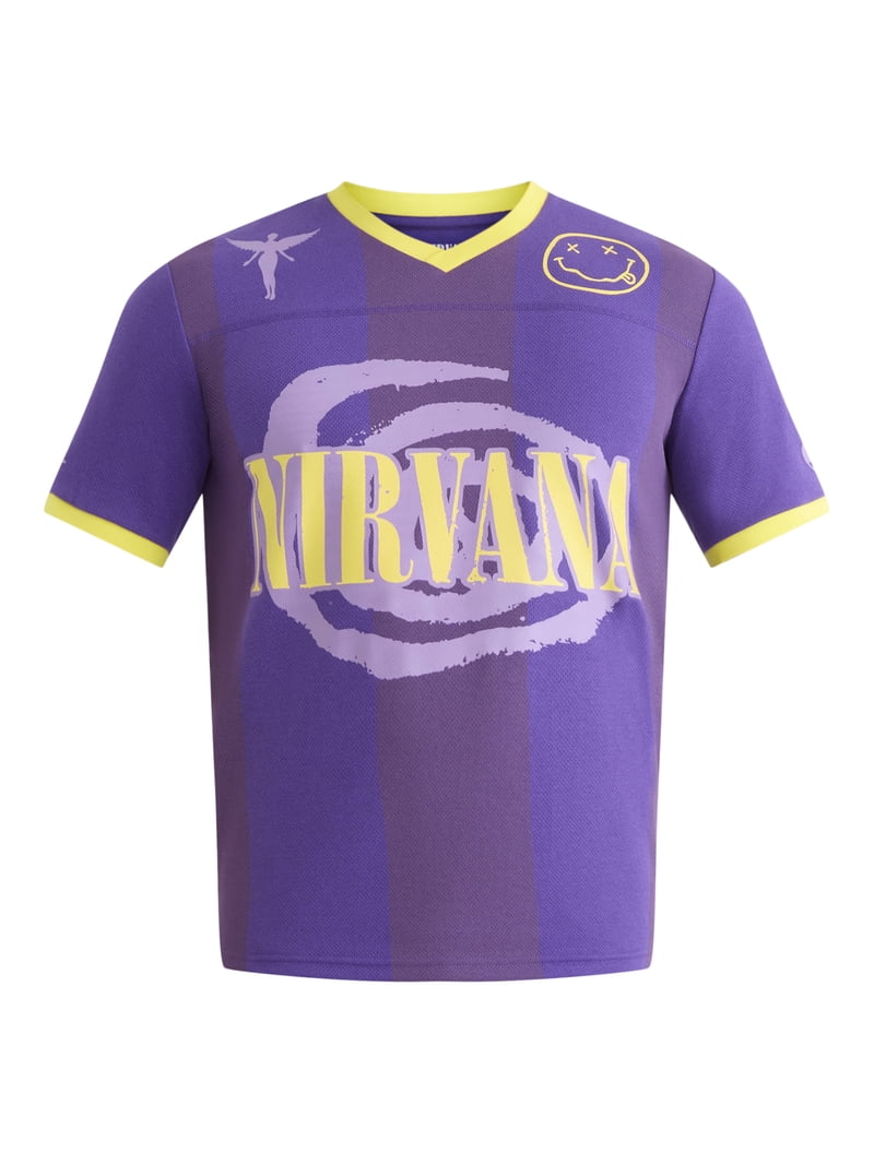 激レアS！NIRVANA ニルバーナTシャツ紫　WALL OF FAME製 Nirvana Men's and Big Men's Graphic Mesh Football Jersey Style