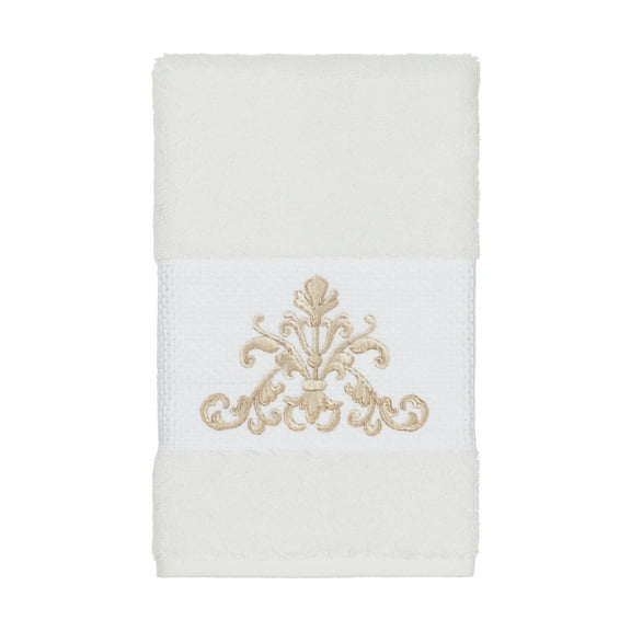 Authentic Hotel and Spa White Turkish Cotton Scrollwork Embroidered Hand Towel