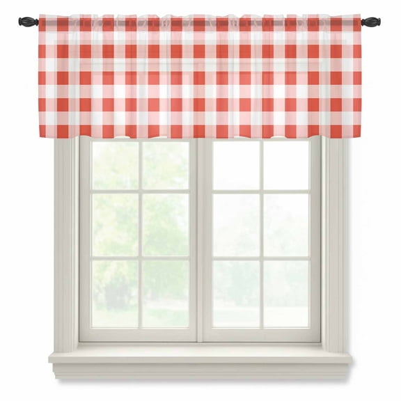 Orange Red Checkered Valance Curtains for Kitchen/Living Room/Bathroom/Bedroom Window, Rod Pocket Small Topper Half Short Window Curtains Voile Sheer Scarf, Farmhouse Buffalo Plaid 54"x18"