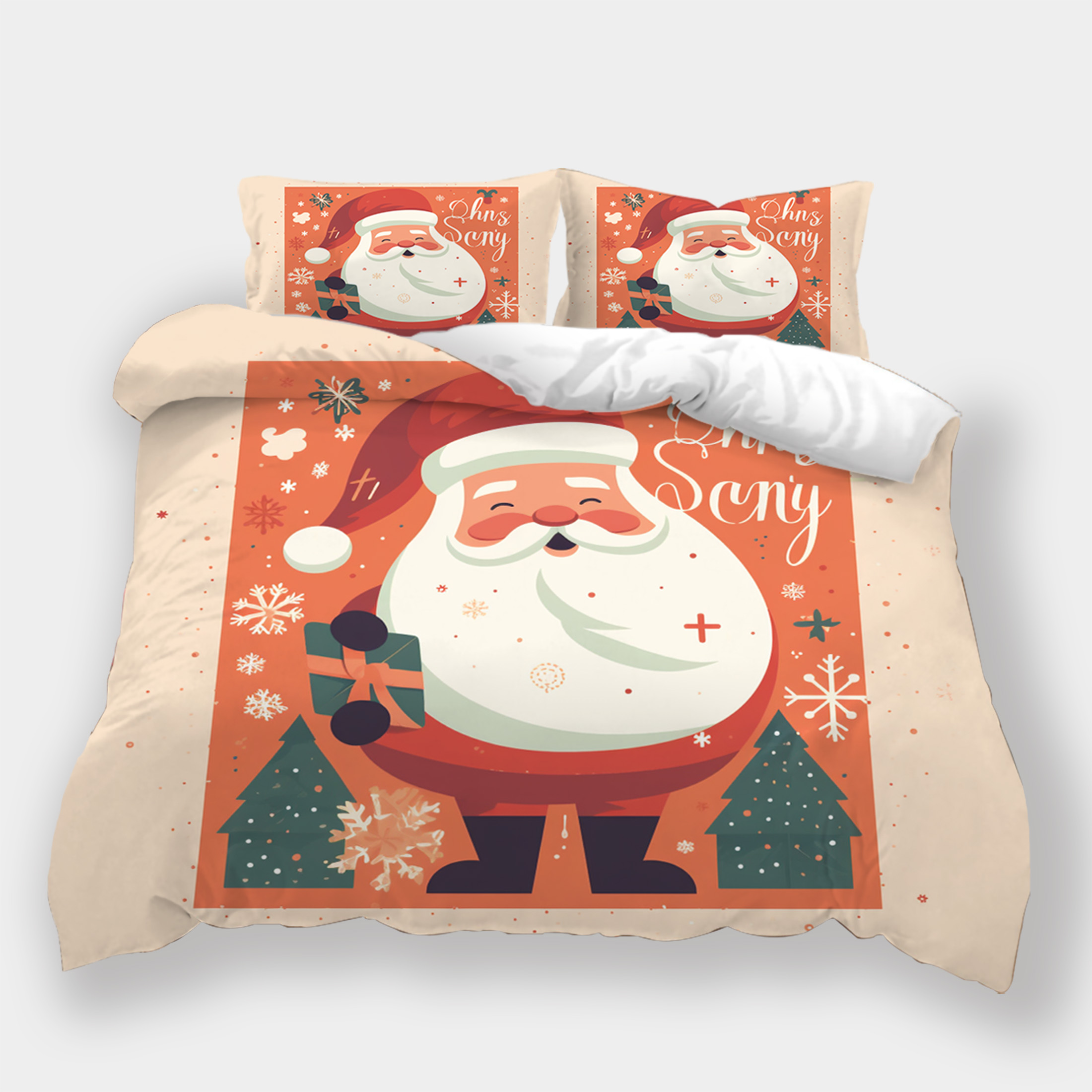 3D Comforter Cover Suit Santa Claus Red Bedspreads Green Cartoon Trees