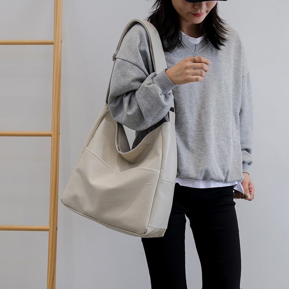 Kukuzhu Faux Leather Tote Bag with Pockets Women Shoulder Bag College Tote Bag Hobo Crossbody Bag for Work Travel