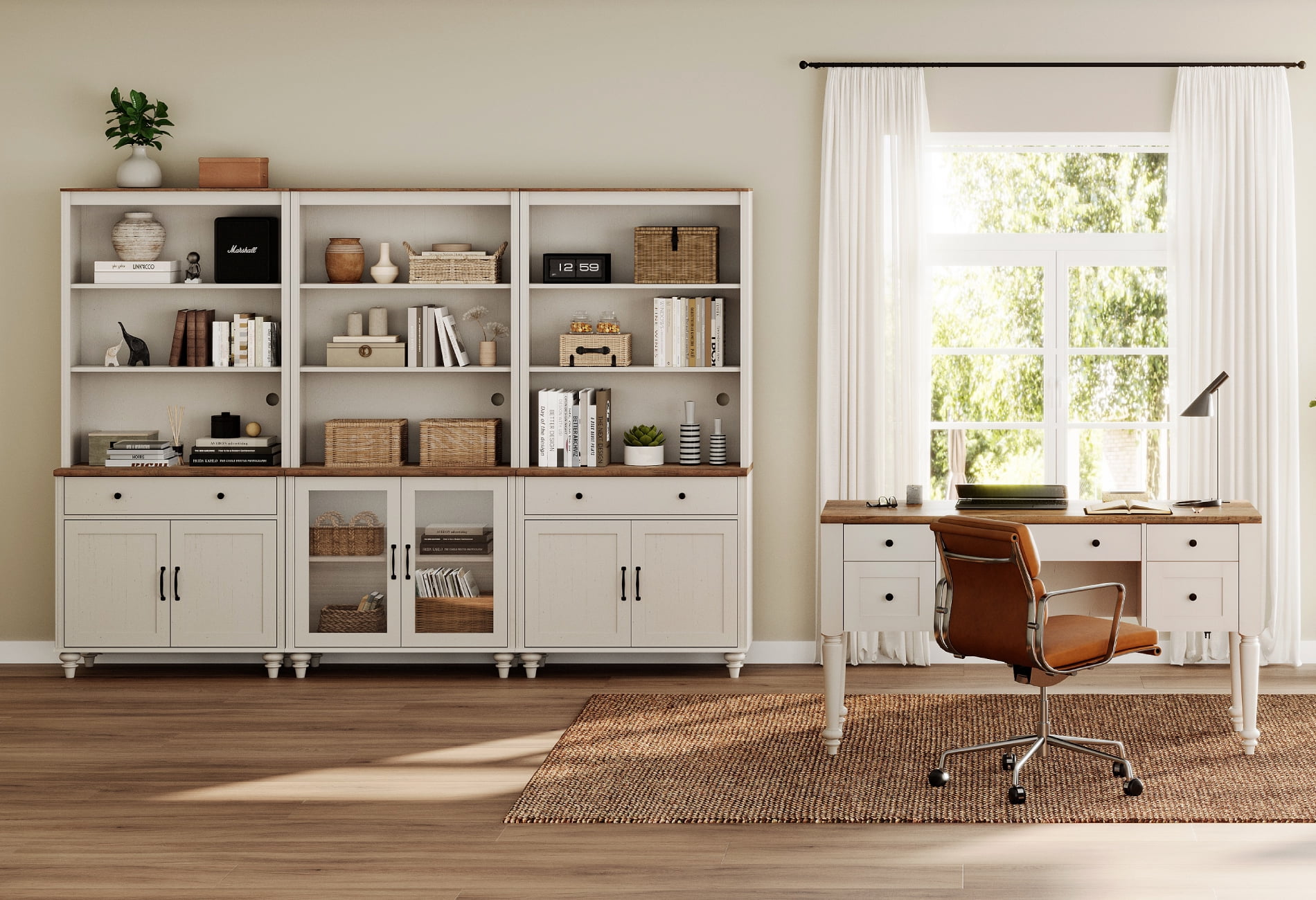 2 - Piece Office Set, 56" Executive Desk, Bookcases With 2 Drawers And 2 Glass Doors