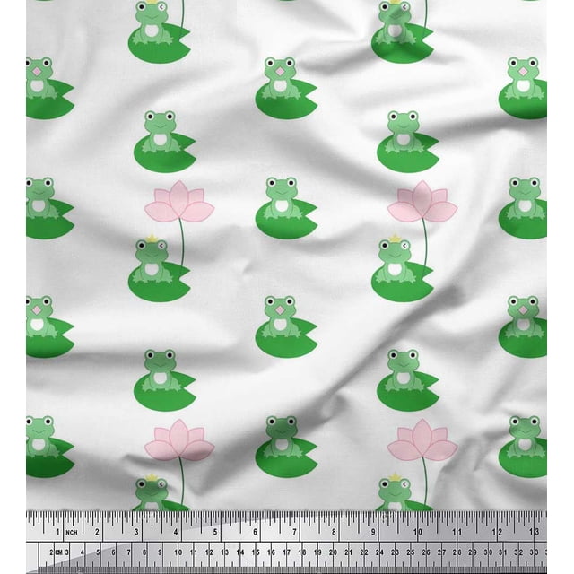 Soimoi Poly Georgette Fabric Lotus & Frog Kids Decor Fabric Printed Yard 42 Inch Wide