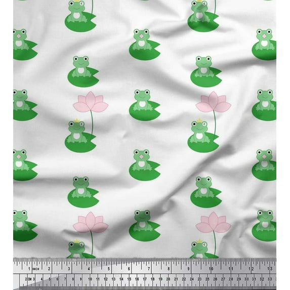 Soimoi Viscose Chiffon Fabric Lotus & Frog Kids Decor Fabric Printed Yard 42 Inch Wide