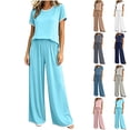 thumbnail image 6 of Zynoxe Plus Size Pajamas Set Women Contrast Trim Short Sleeve Tops and Wide Leg Pants Sleepwear Sets Casual Stretchy Loose Lounge Sets, 6 of 7