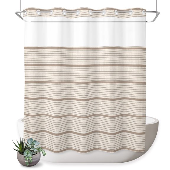 No Hook Shower Curtain, Beige Stripes Shower Curtains for Bathroom with See Through Top Window, Farmhouse Striped Modern Aesthetics Waterproof & Washable Bath Curtain Standard 72"x72"