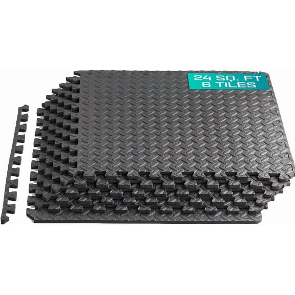 Yes4All 6 pcs Interlocking Exercise Foam Mats, Cover 24 sqft, 3/8 inch, Black Color