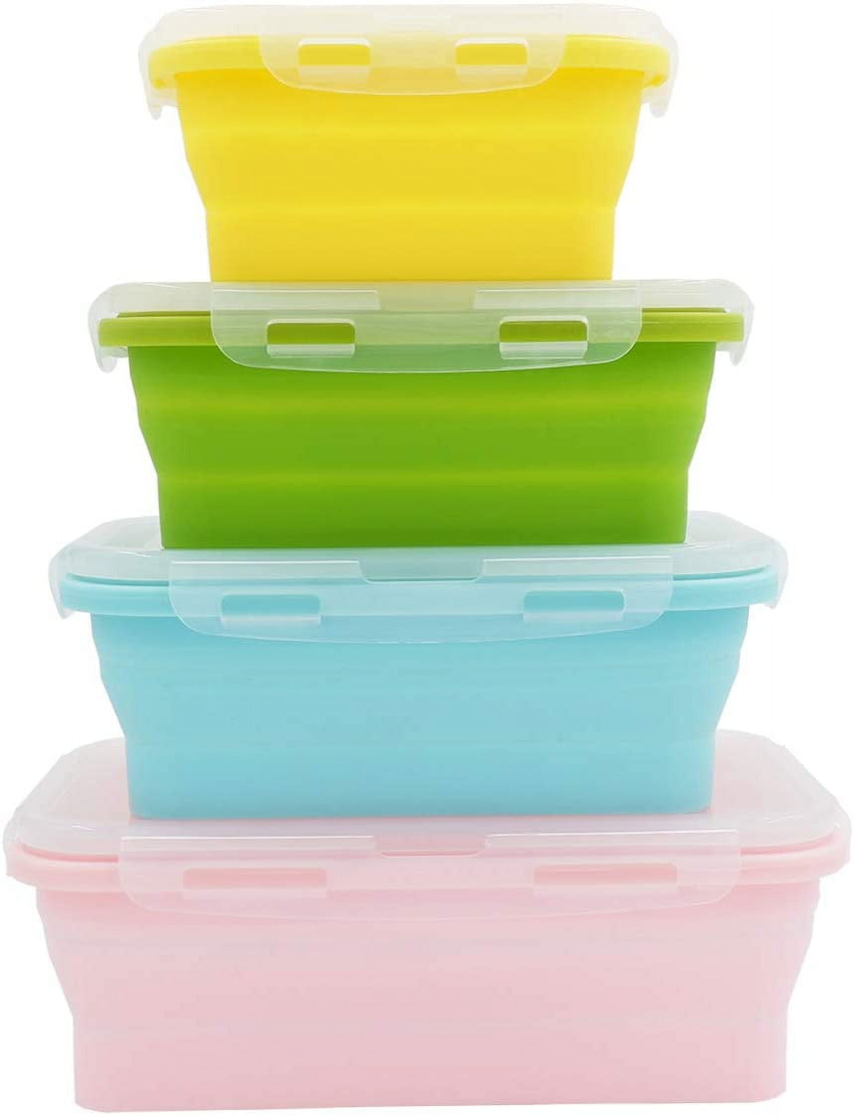 Collapsible Silicone Lunch Bento Box, Portable Food Storage Container Outdoor Picnic Box Space Saving, Microwave, Dishwasher and Freezer Safe, 3 Pcs Set (Four Colors Set)