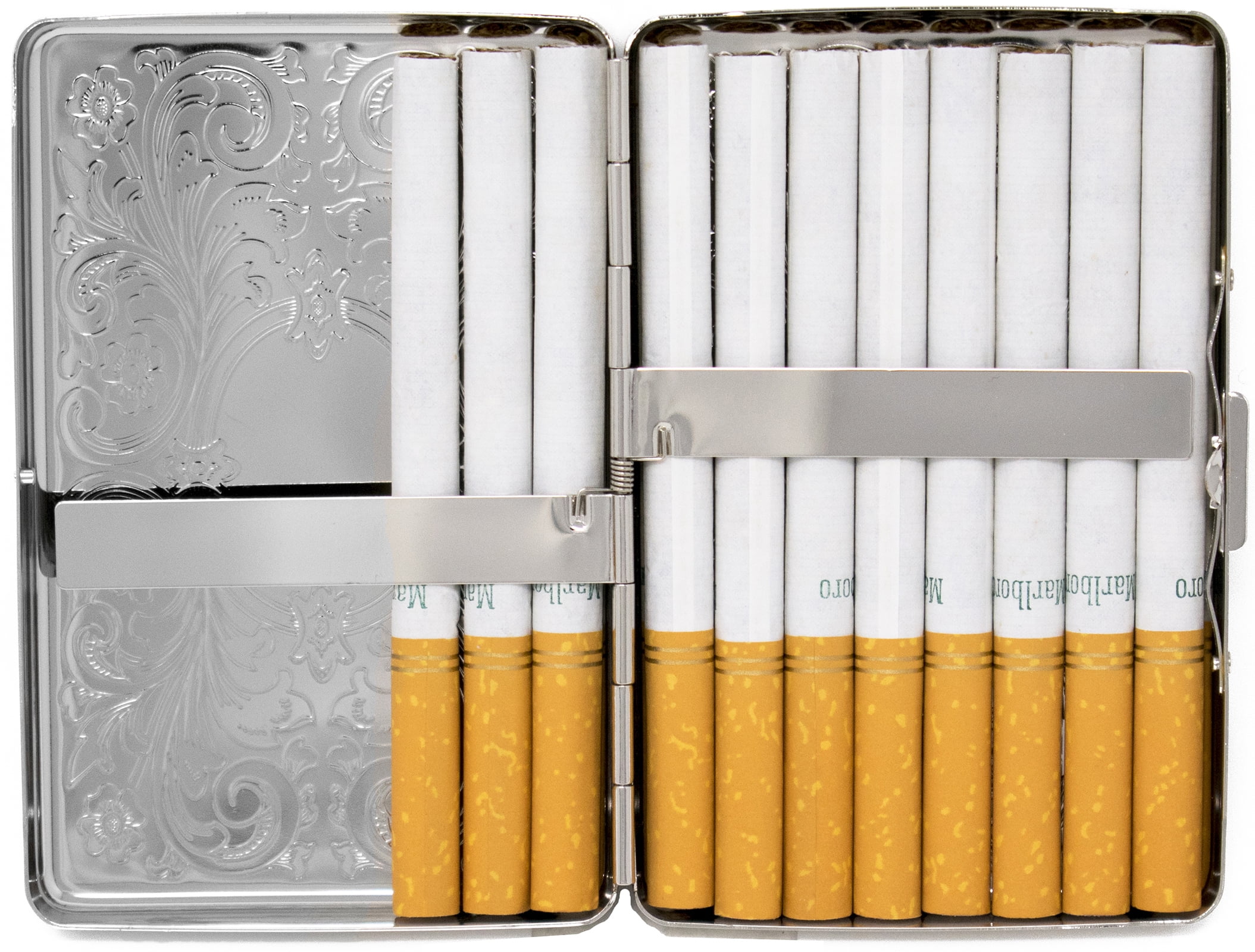 Set of 2 Metal-Plated 100s Compact Cigarette Case & Stash Box (Silver Victorian Scroll)