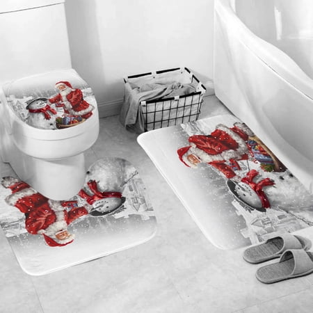 3 Pcs Christmas Santa Claus and Snowman Winter Bath Rugs Set,Bath Rug Mat + Contour Mat + Toilet Seat Cover, Super Soft Rugs
