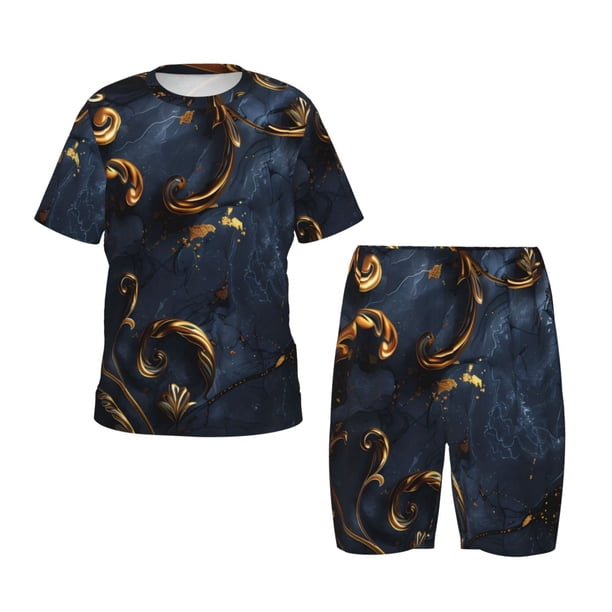 Balery Elegant Gold Scrollwork Conjunto de Pijama Infantil de Manga Corta con Estampado – Ropa de Dormir de Algodón Suave-Large