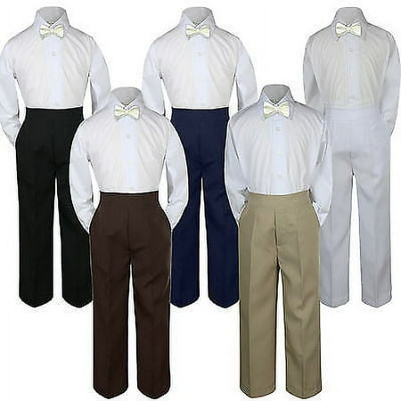 

3pc Ivory offwhite Bow Tie Suit Shirt Pants Set Baby Boy Toddler Kid Uniform S-7