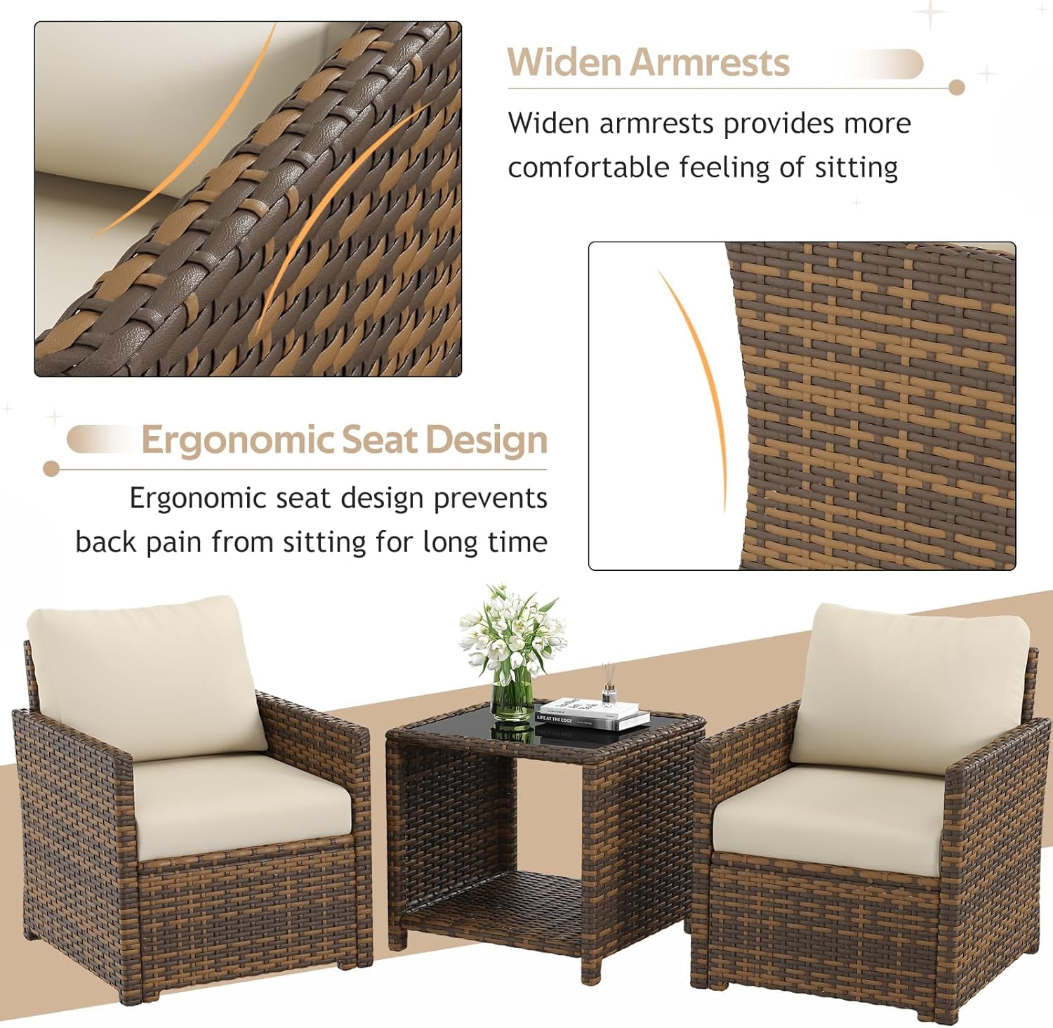 AECOJOY 7 Pieces Outdoor Furniture Set with Two Storage Boxes, Rattan Wicker Sectional Sofa in Brown Wicker& Beige Cushions