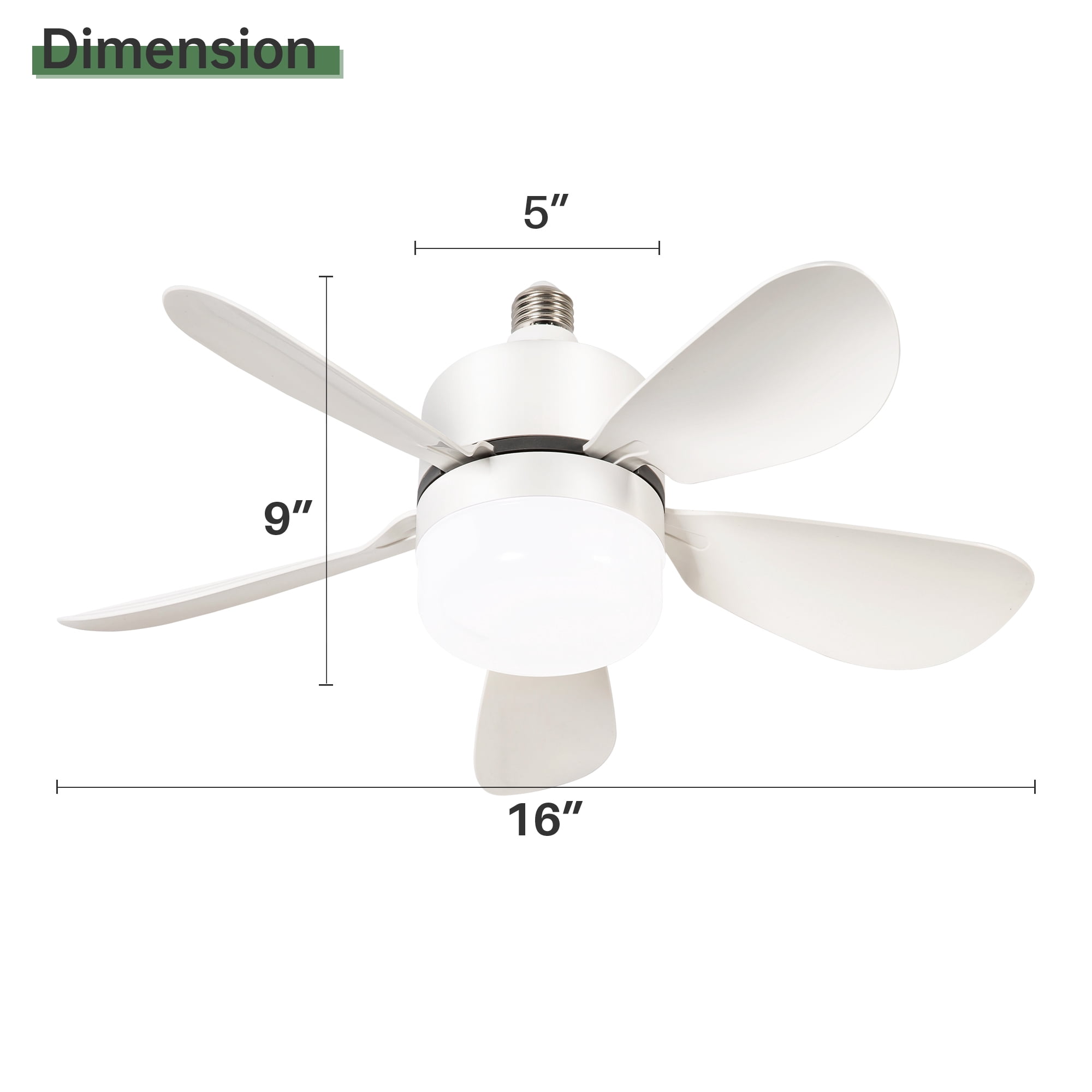 Socket Fan Light, 1000 Lumens 16" LED Ceiling Fans with Lights and Remote, 3000K-6500K Dimmable 5 Blades Screw in Ceiling Fan for Indoor Bedroom Living Room Cloakroom Kitchen Garage