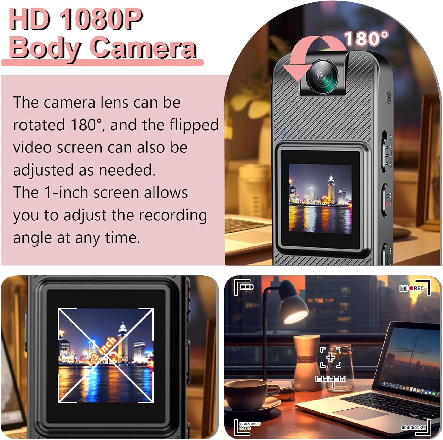 MUSICOZY Mini Body Camera HD 1080P Portable Video Recorder, Small Security Camera with 1.3 Inch Night Vision, 180° Rotatable Lens, Wearable Body Camera for Police Enforcement