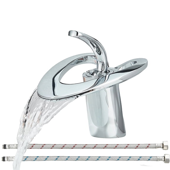 Zovajonia Chrome Vanity Faucet, Modern Waterfall Single-Handle Bathroom Sink Faucet, Single-Hole Vanity Mixer Faucet with Supply Hoses