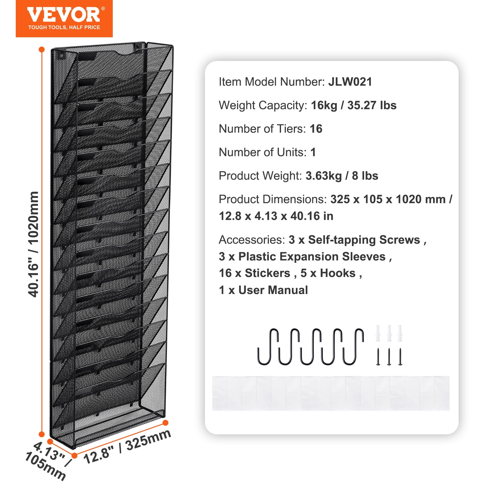 KFFKFFWall File Rack, 16-Slot Single Piece Mesh Organizer, Wall-Hanging Magazine, Mail, Paper & Document Holder, Metal Storage with Label Tags, Ideal for Office, Home & School Use