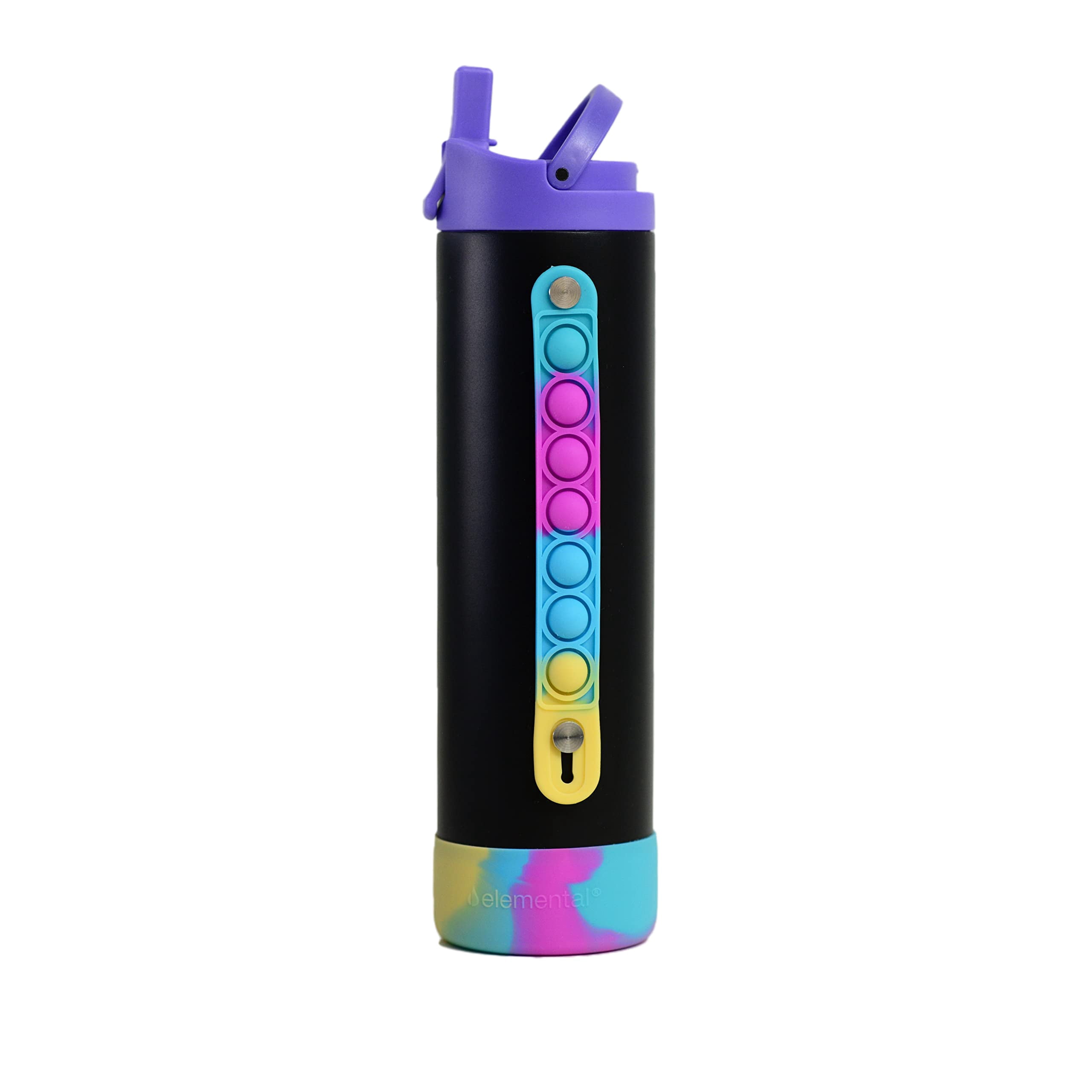 Elemental Iconic Kids Water Bottle with Straw Lid & Stress Reliever Pop It Handle - Leak-Proof When Closed - Triple Insulated Stainless Steel Reusable Thermos Water Bottle - 20oz - Black Tie Dye