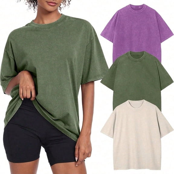 Mervlea 3pcs Womens Vintage Oversized T Shirts Acid Washed Baggy Cotton Tee Workout Gym Shirts Boyfriend Short Sleeve Tops
