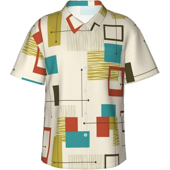 Mid Century Design Mens Hawaiian Shirt Short Sleeve Casual Button Up Tropical Summer Beach Shirt