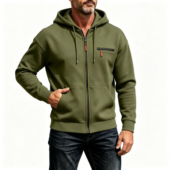 TKKCS Mens Full Zip Hoodie Regular Fit Midweight Casual Daily Long Sleeve Sweatshirt Jacket with Zipper Chest Pocket Army Green XL