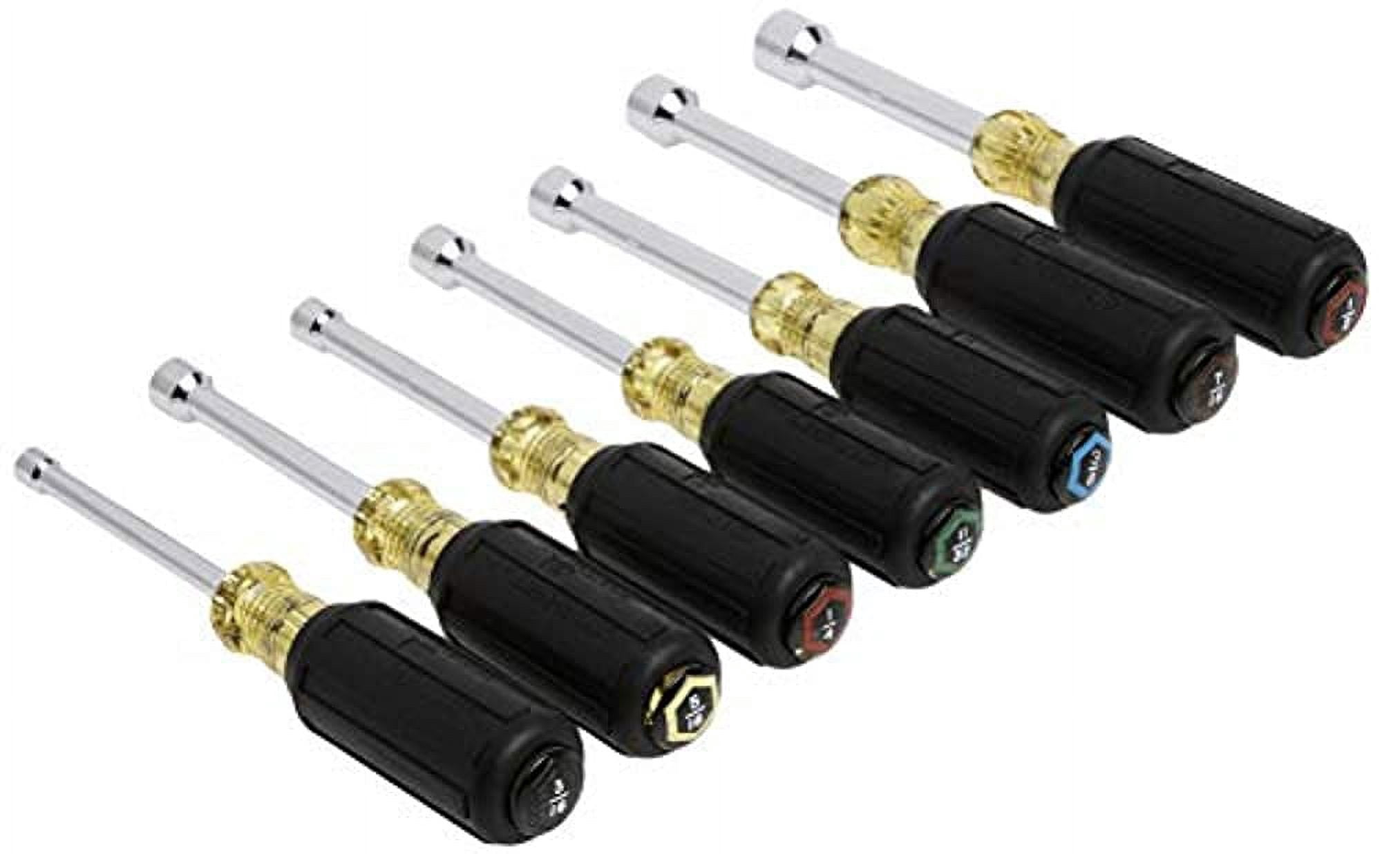 Klein Tools 631 NutDrivers, 7 Piece Nut Driver Set, Hex Nut Sizes 3/16, 1/4, 5/16, 11/32, 3/8, 7/16 and 1/2-Inch on 3-Inch Full Hollow Shaft