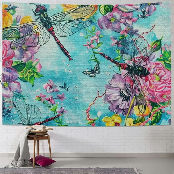 Autua Flowers Dragonflies Blue Background Tapestry Wall Hanging Unique Style Graphic Tapestries for Home Wall Decor Living Room Bedroom Farmhouse Dorm 40x30inch
