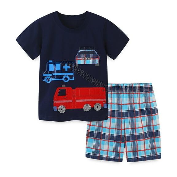 Gerichy Boys Summer Outfits Toddler Kids Baby Boy Clothes Summer Boys' Suits Fire Truck Pattern Knitted Cotton 2PCS Casual Short Sleeved Sets