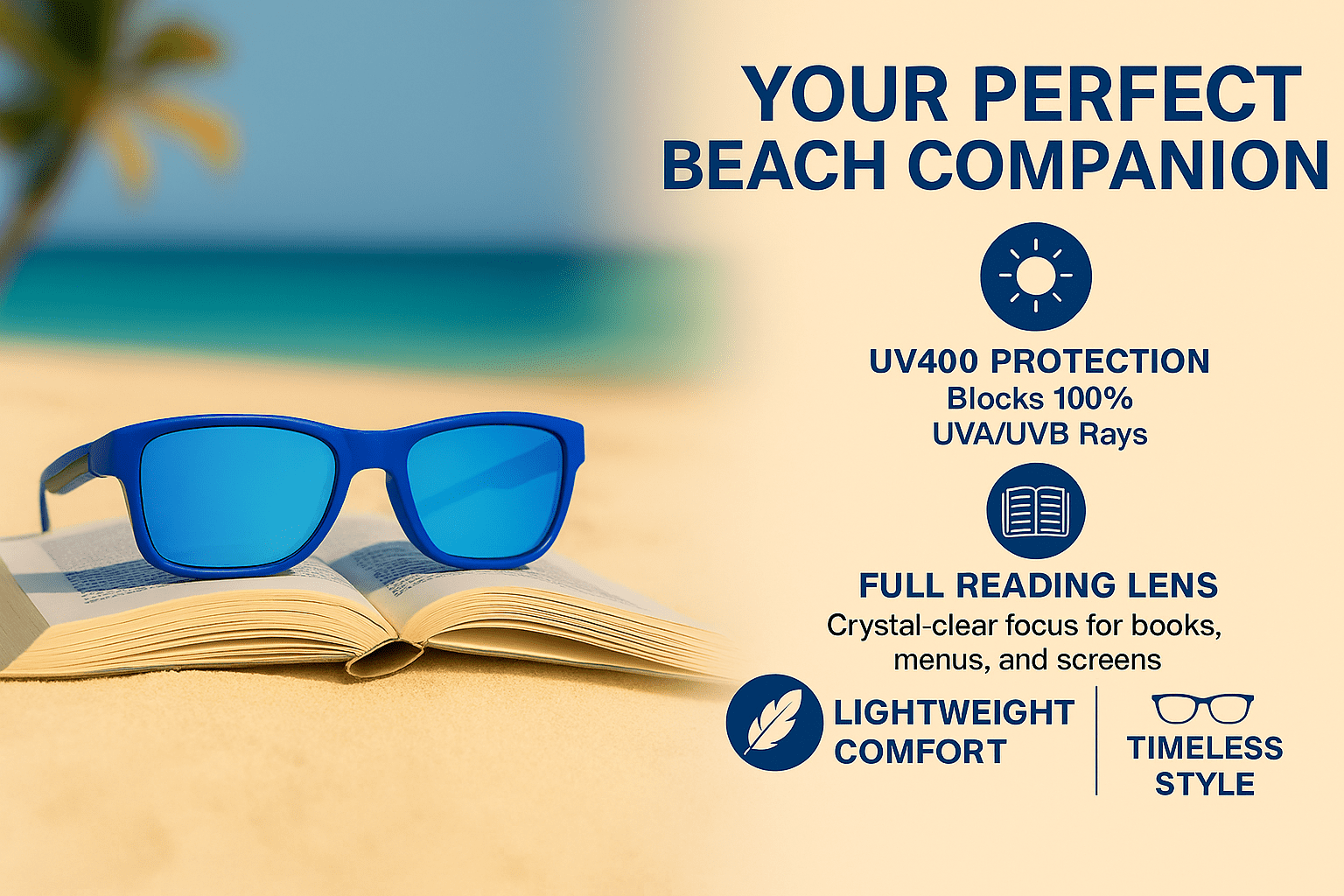 Reading Sunglasses with No Bifocal Full Reader Lens - 3 Pair of Lightweight UV400 Sun Readers, Unisex Wrap Frame - Open Road Blue - 3.00