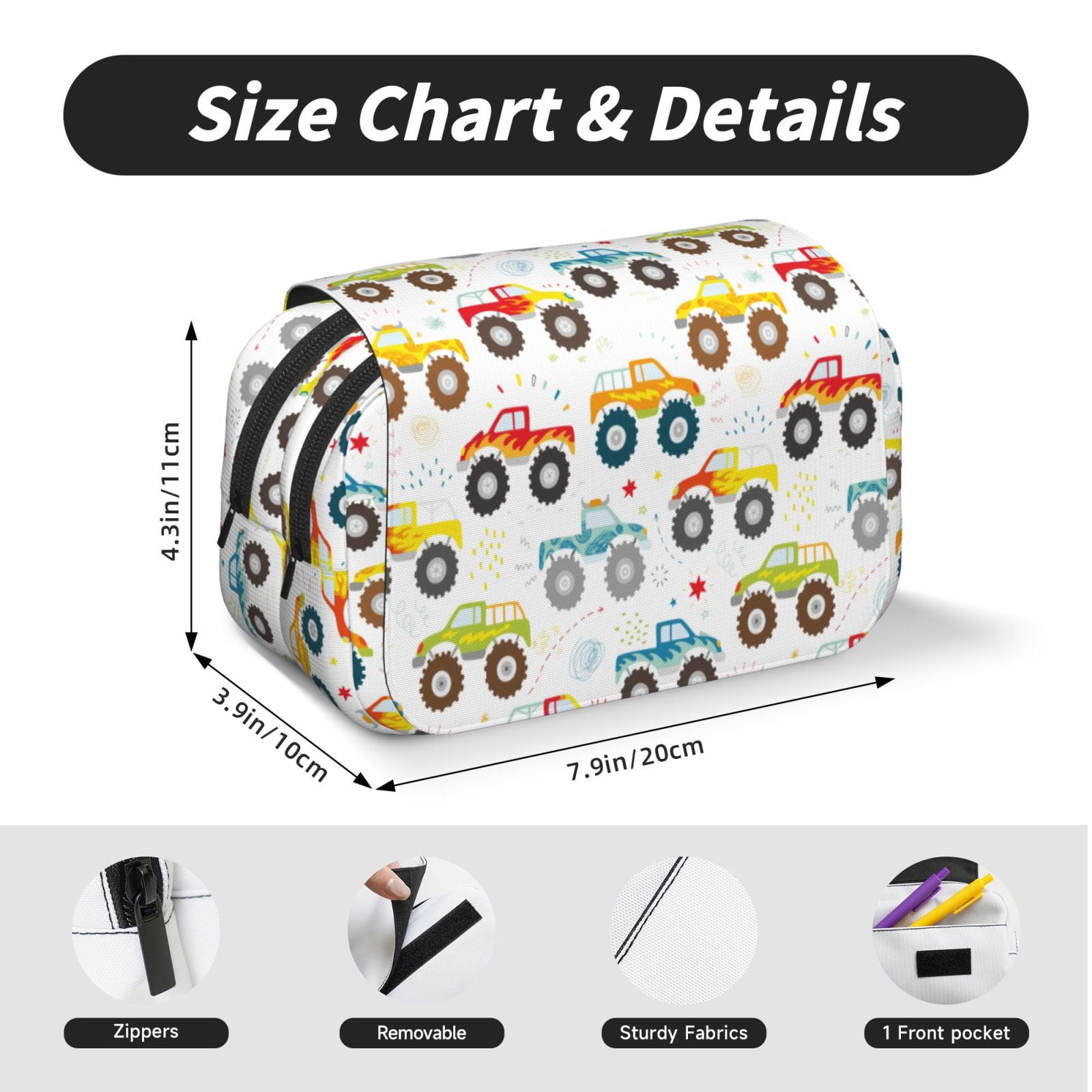 Rateoe Cartoon Monster Trucks Pattern Double Clamshell Pen Case, Storage Organizer with Two Zipper Compartments– Holds Up to 50 Pencils & Pens