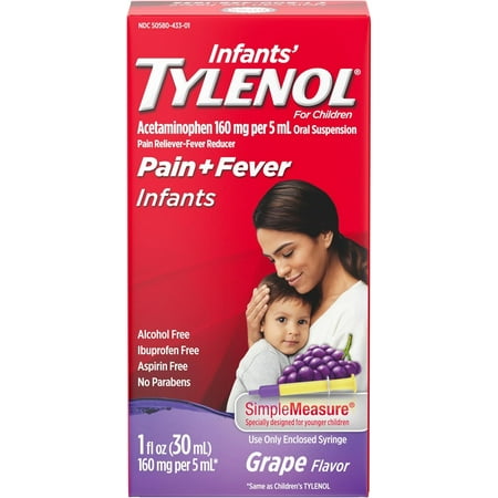 TYLENOL Pain + Fever Infants, Grape Flavor 1 oz (Pack of 4)