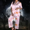 thumbnail image 2 of Gaexia Halloween Fun Print Pajama Set for Women Short Sleeve Long Pants Satin V-Neck Button Down Sleepwear Loungewear Pajama Set, 2 of 5