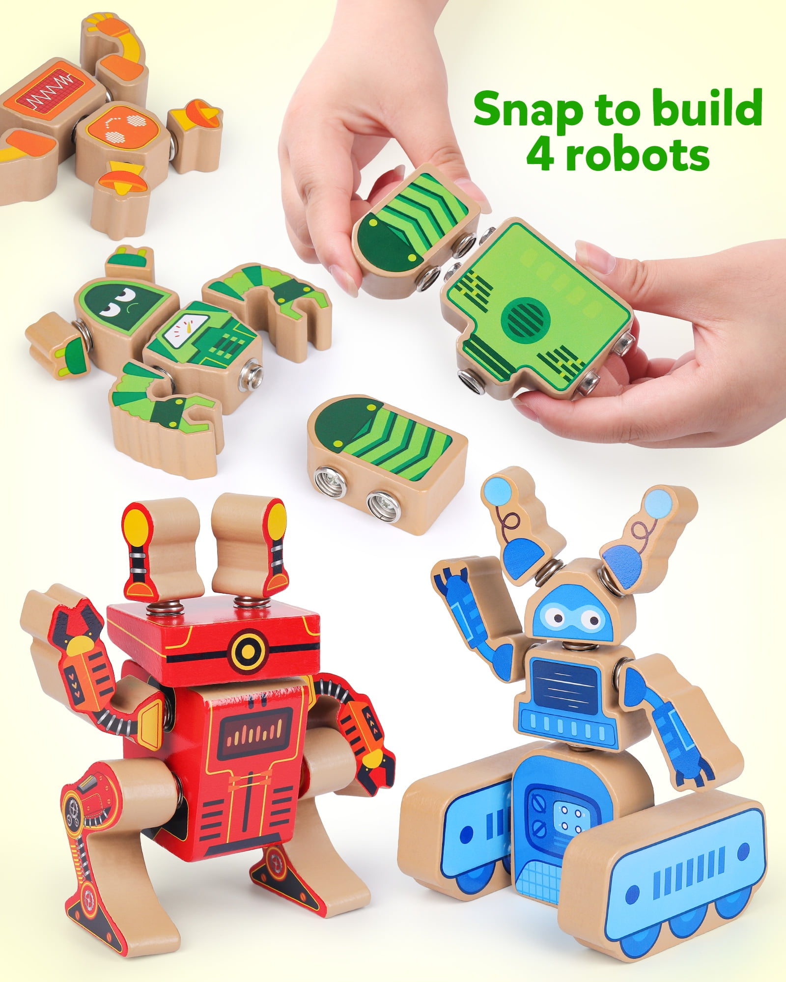 Coogam Fine Motor Building Robot Blocks for 3 4 5 Years Old, Wooden Snap Together Robot Builders, STEM Take Apart Robot Playset, Educational Learning Toy for Boys Girls